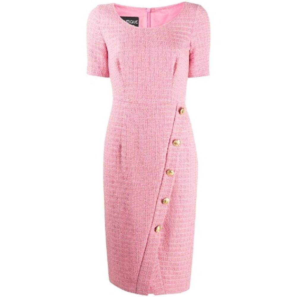 Boutique Moschino NWT Baby Pink Tweed Dress Faux Wrap Gold Button Barbiecore 8